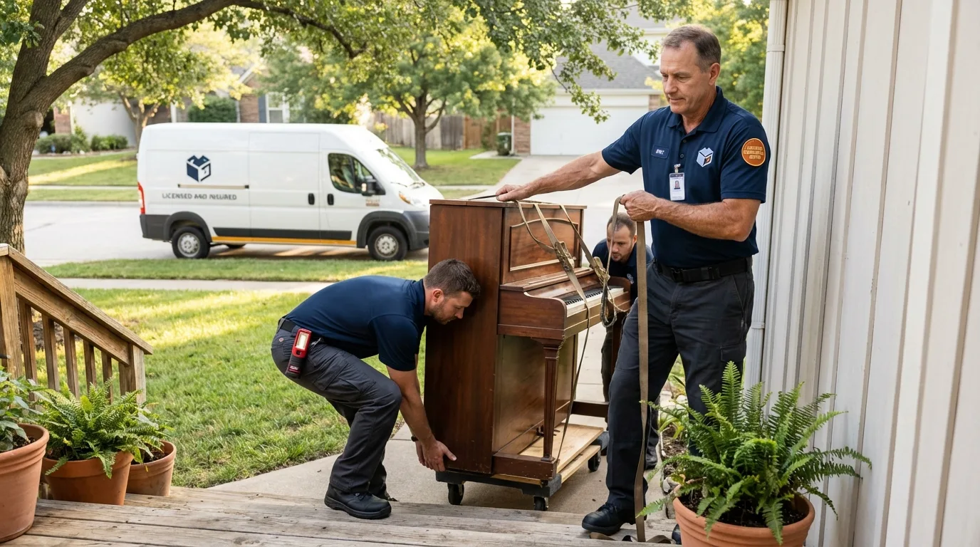 Licensed piano movers securing grand piano in Shell Knob, MO