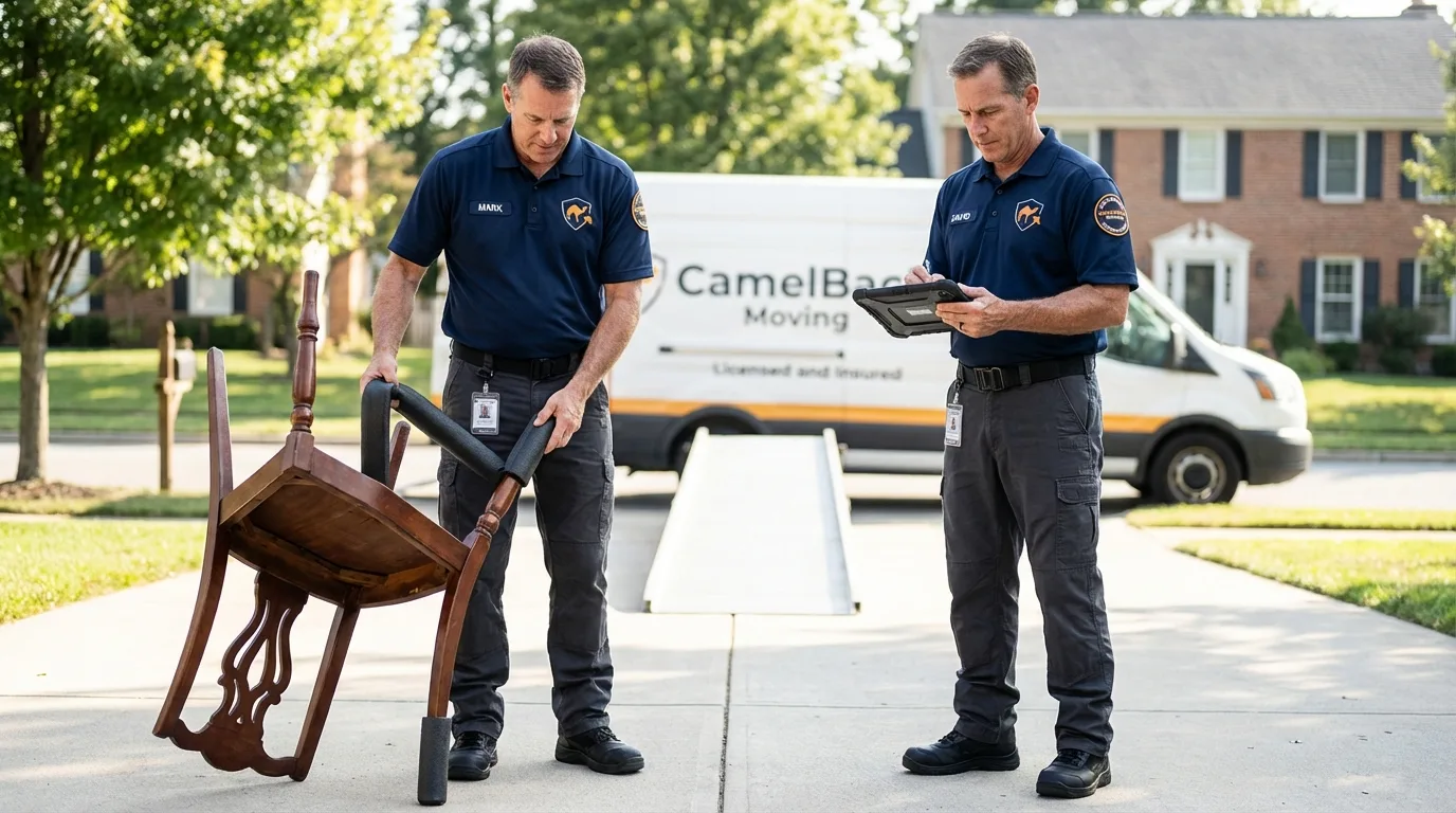 Movers inspecting furniture for damage prevention before loading in Shell Knob, MO